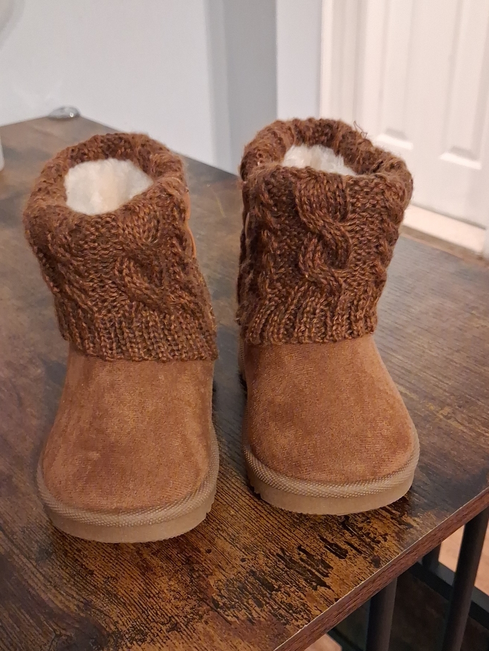 Kids Cozy Knit Cuff Suede Boots in Brown